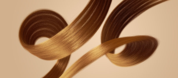 3D渲染，卷曲的金色发丝。金色发片的特写，孤立在米色背景上。红发的卷曲和环状特写。图片下载