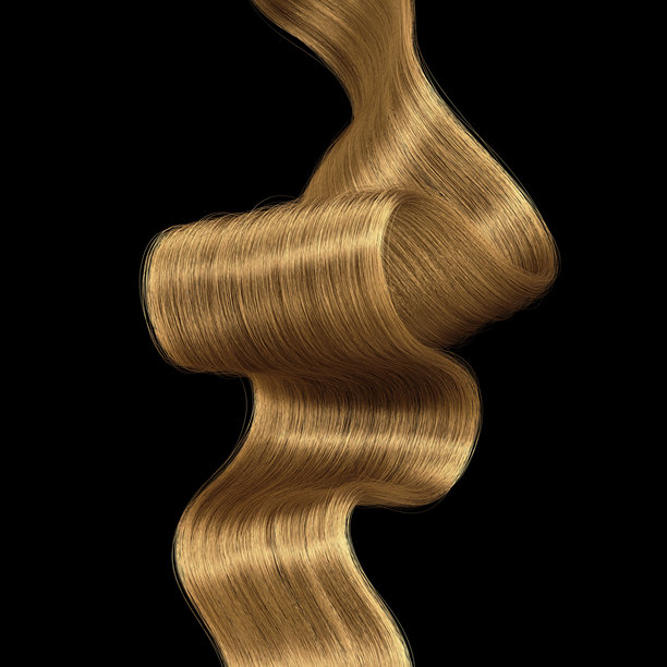 3D渲染。孤立在黑色背景上的丝滑健康金色波浪发丝。卷曲的金色假发特写，毛发丝带，发髻发夹插图。图片下载