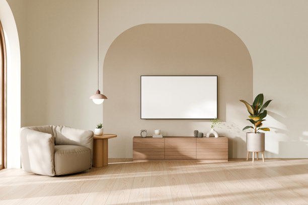 极简主义客厅，配有现代家具和装饰。3D渲染。图片下载