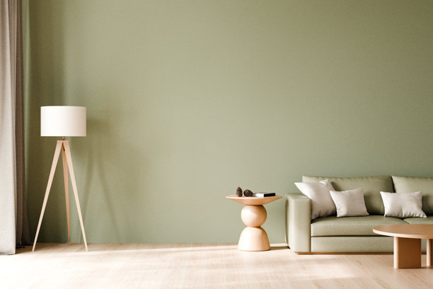 极简风格的客厅，配有鼠尾草绿色沙发、浅色木质咖啡桌和边桌，中性色调的装饰元素，3D渲染。图片下载