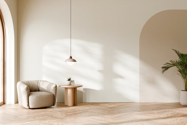 极简主义室内设计，配有扶手椅、桌子和植物装饰。3D渲染。图片下载