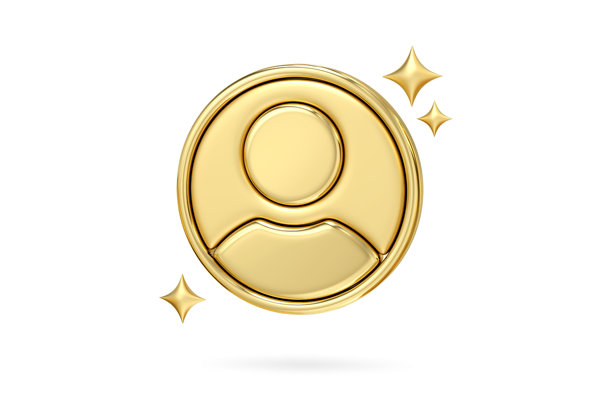 金色用户图标，一个闪闪发光的三维金色用户图标，装饰着闪烁的星星，唤起了尊贵、价值和优质服务的感觉，3D渲染。图片下载