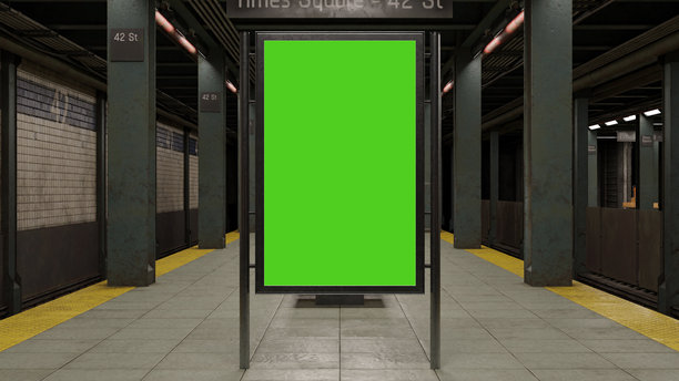 地铁站内的空广告牌，配有绿色屏幕用于广告展示。3D插画师图片下载