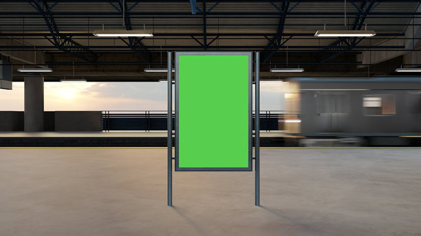 地铁站内的空广告牌，配有绿色屏幕用于广告展示。3D插画师图片下载