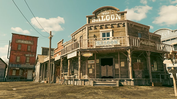 老西部小镇空旷街道的3D插图，周围是木制建筑。图片下载