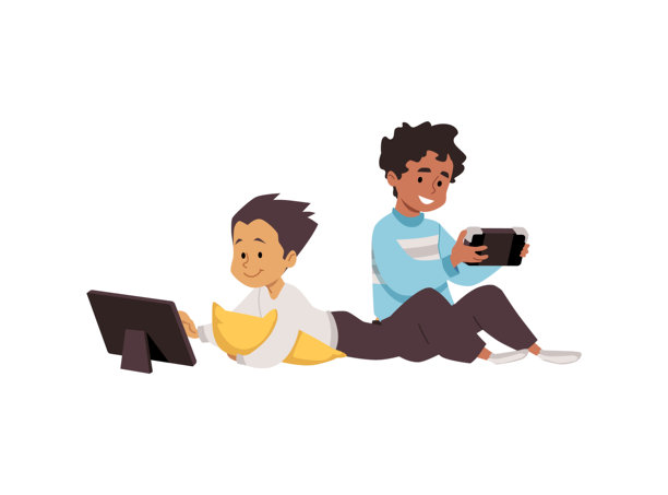 可爱的孩子们在看平板电脑和智能手机，矢量男孩使用电子设备，在线娱乐交流图片下载