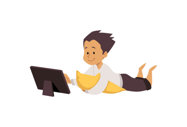 可爱的孩子躺在枕头上看着平板设备，矢量男孩使用电子产品，在线教育交流图片下载