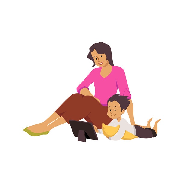 可爱的男孩与母亲一起看平板设备，矢量家庭使用电子产品，在线教育交流，娱乐图片下载