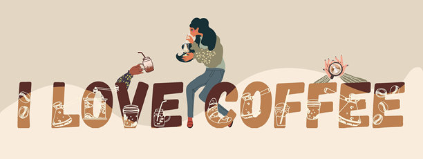 我爱咖啡文字。彩色字母与手持咖啡杯的女孩角色。咖啡标签适用于酒吧、餐厅、商店、传单、邀请函、贴纸、横幅。图片下载