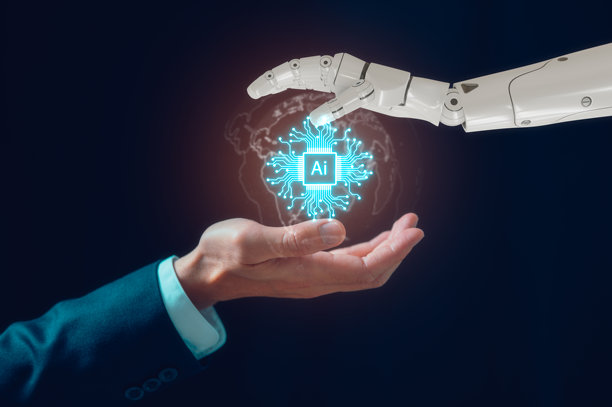 人工智能AI手部机器人白色3D渲染与背景中的虚拟AI图标和人手图片下载