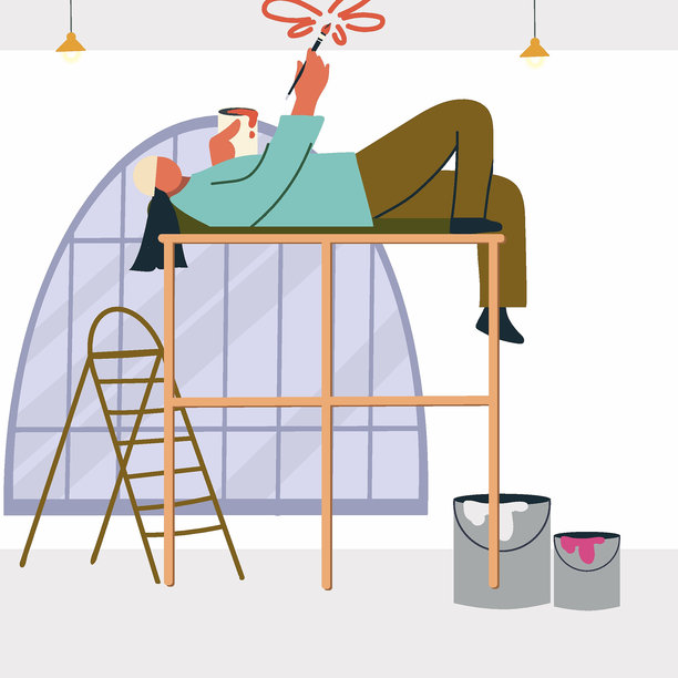 艺术家躺在脚手架上用刷子绘制天花板。白色背景上的扁平矢量插图。图片下载