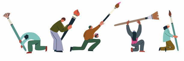 创意角色手持大画笔。插画师、设计师、艺术家手中拿着绘图工具。微小的人物握着一支笔。平面矢量插图，背景为白色。图片下载