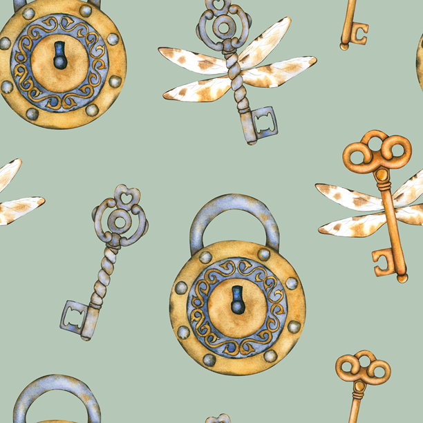 水彩无缝图案，飞翔的钥匙和古老的锁。复古背景，包含老式物品。手绘壁纸，适用于纺织品、剪贴纸和文具设计。图片下载