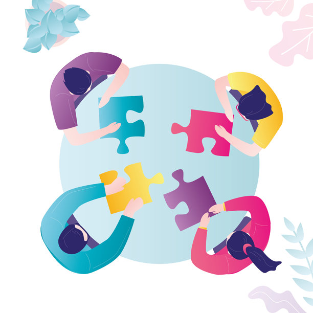 商业团队头脑风暴。人们在拼图。办公室工作人员坐在桌子旁。桌面俯视图。员工合作。商业人士谈判。团队讨论。图片下载