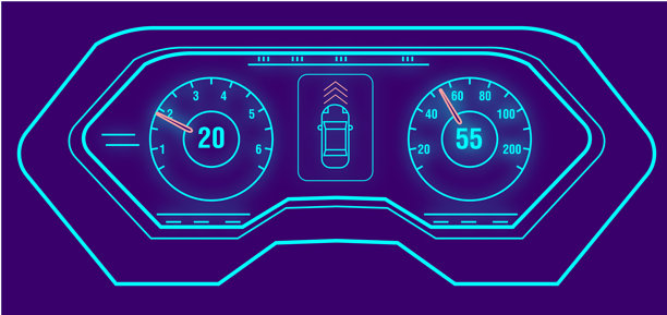 现代汽车内饰复古合成波风格，孤立的现代速度计仪表盘在白色背景上图片下载