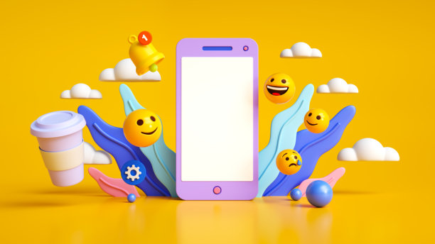 社交媒体概念，中心有飞舞的表情符号和通知铃。大型智能手机带有空白屏幕，背景中有咖啡杯和植物。3D渲染。图片下载