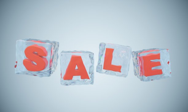 淡蓝色背景上，冰块内红色字母的促销标志。图片下载