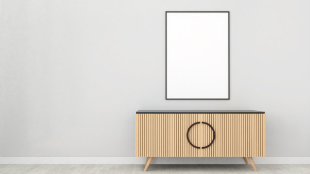 白墙背景和木地板上带家具的相框模型，3D渲染图片下载