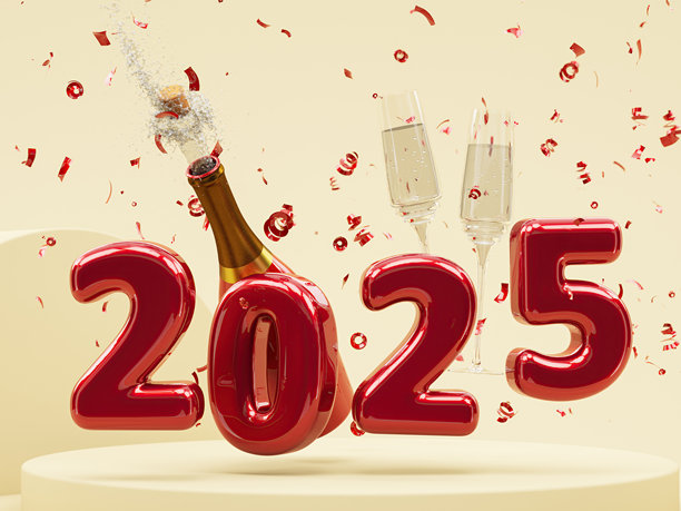 2025年新年庆祝概念，香槟与五彩纸屑图片下载