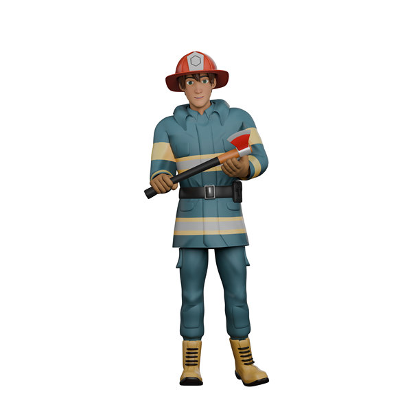 3D卡通消防部门。一名消防员双手握着灭火器站立。英雄的行动图片下载