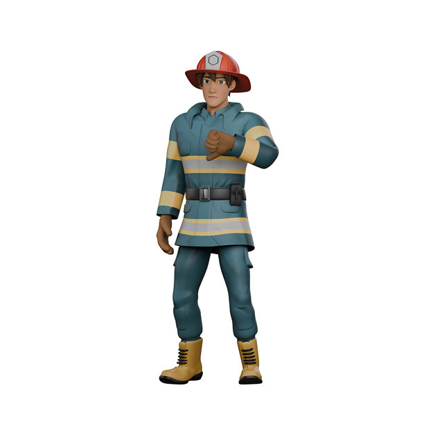 3D卡通男性消防员。消防员站立并竖起大拇指，表示自信。救援场景插图。图片下载