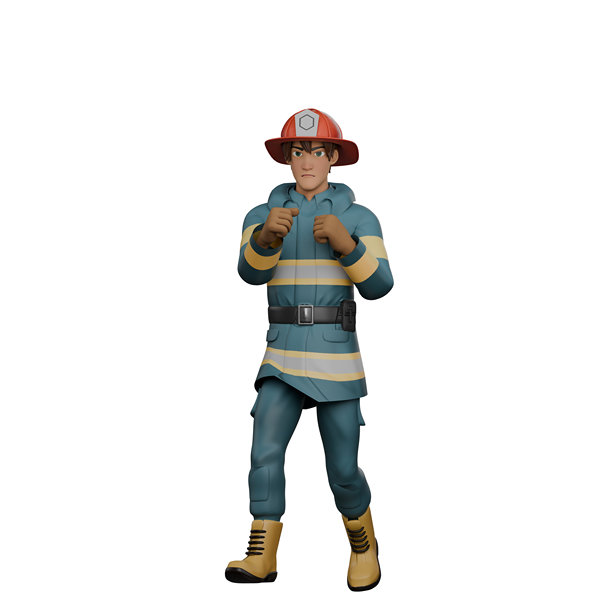 3D消防角色。消防员站在战斗姿势，双手举起，仿佛面对挑战或危险情况。男性消防员插图图片下载