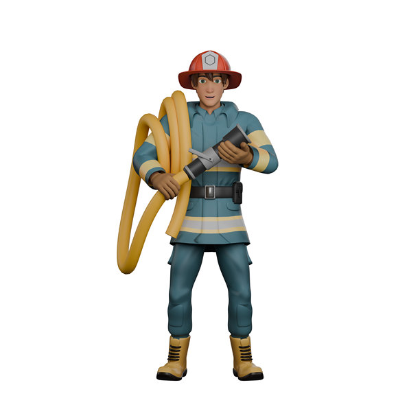 3D专业消防员角色。一名消防员双手握住整齐卷好的水管。男性消防员图片下载