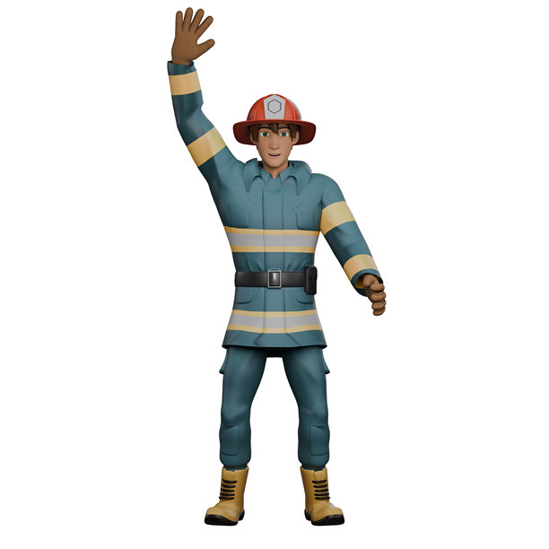 消防员3D插图。一名消防员右手举起，仿佛在打招呼。专业男性消防员图片下载