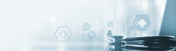 医疗技术，在线健康，全球健康网络，远程医疗概念。医生与听诊器，结合医疗技术互联网网络连接，医疗保健与医学，医院背景。图片下载