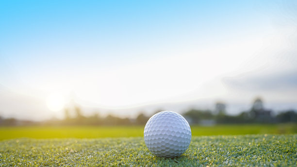傍晚高尔夫球场上的绿色草坪上的高尔夫球。图片下载
