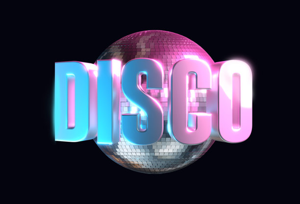 镜球前方的银色文字迪斯科标志 - 3D渲染图片下载