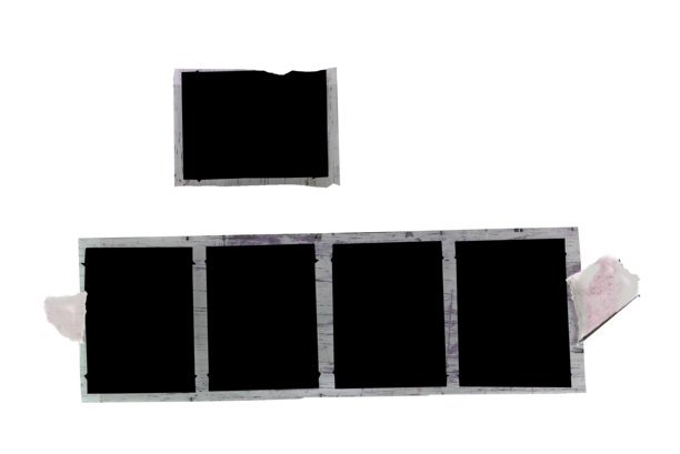 复古6X4.5厘米中画幅相机胶卷条，空白照片框，平铺展示。模拟胶卷摄影概念的回归，背景为白色，留有空白空间。图片下载