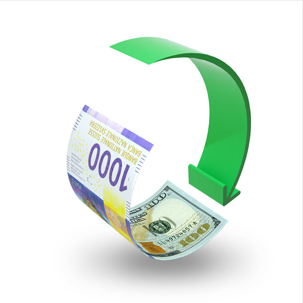 瑞士法郎美元汇率概念，货币兑换汇率图标，符号，标志，弯曲纸币纸币带有圆形绿色箭头，3D渲染图片下载