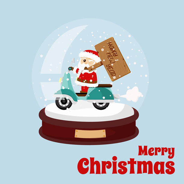 圣诞雪景球：可爱圣诞老人骑摩托车，节日贺卡、海报、宣传单设计。矢量插画图片下载
