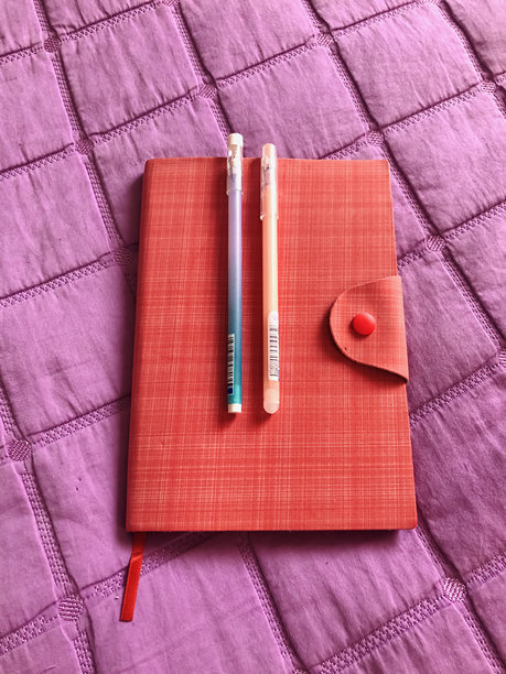 鲜艳的粉色环保皮革笔记本和两支钢笔放在紫色毛毯上图片下载