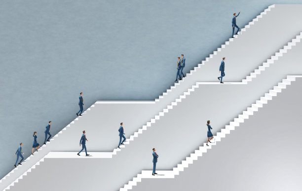 在抽象环境中工作的商务人士，巨大的白色楼梯象征着职业、商业、创业和专业视角。3D渲染插图图片下载
