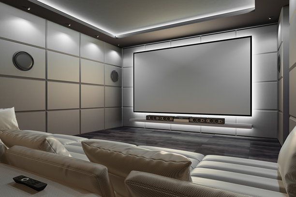 奢华现代家庭影院，配有白色环境灯光和隔音设计图片下载