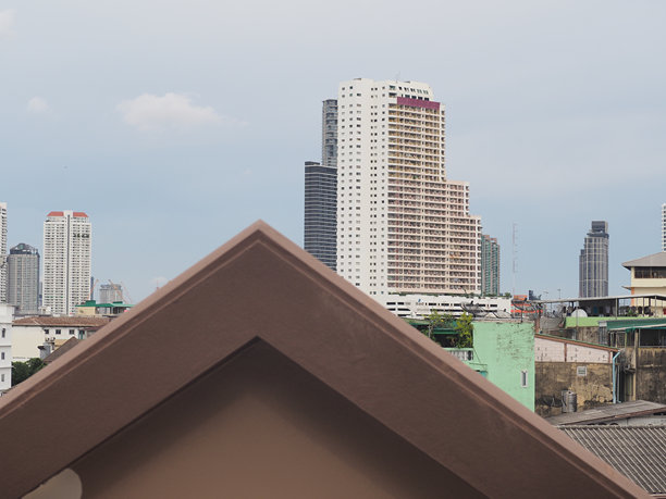 灰色、白色和棕色的紫色建筑，绿色的叶子，蓝色的天空，灰白色的云朵图片下载