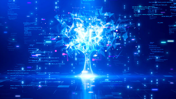 象征人工智能或数字技术数据增长的发光树，背景为深蓝色，伴有二进制代码和抽象算法。图片下载