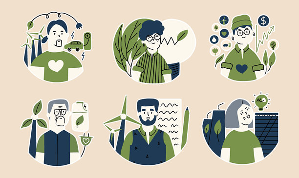 一组概念性的ESG贴纸。一个拥有社会、可持续、可再生原则的人群。商业图标集合。平面风格的矢量插图。图片下载