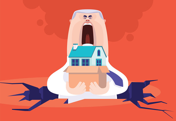 商人尖叫着，手里拿着房子的纸箱，被困在裂开的地面上图片下载