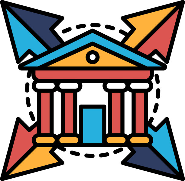 一座红色屋顶和蓝色柱子的建筑图片下载