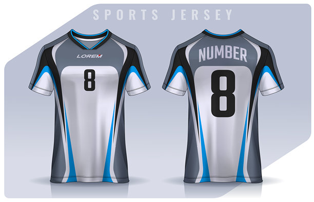 运动T恤设计模板，足球俱乐部的球衣样机。制服正面和背面视图。图片下载