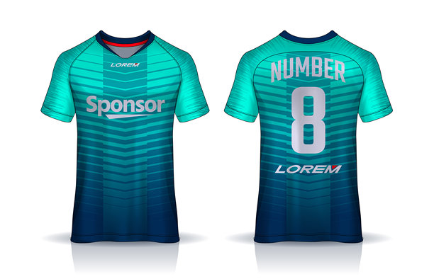 运动T恤设计模板，足球俱乐部的球衣样机。制服正面和背面视图。图片下载