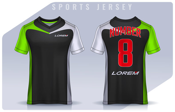 运动T恤设计模板，足球俱乐部的球衣样机。制服正面和背面视图。图片下载