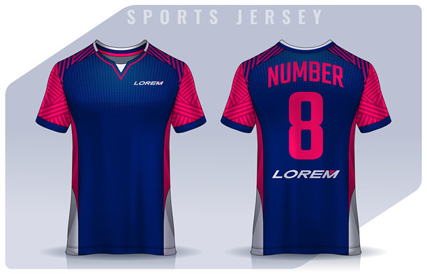 运动T恤设计模板，足球俱乐部的球衣样机。制服的正面和背面视图。图片下载