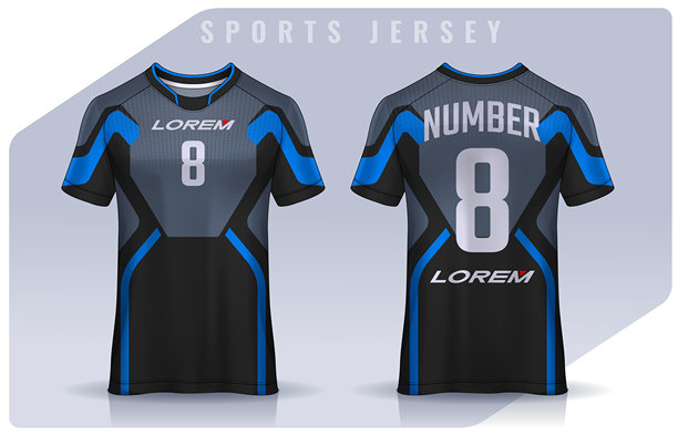 运动T恤设计模板，足球俱乐部的球衣样机。制服的正面和背面视图。图片下载