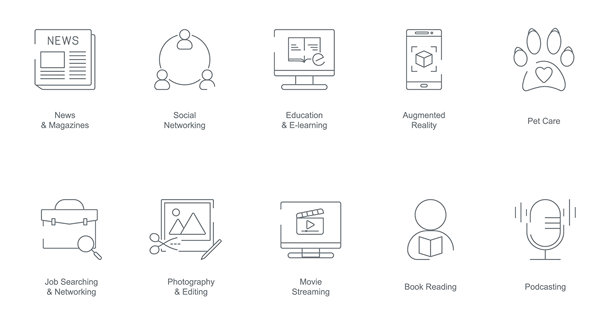 新闻与杂志、社交网络、教育与在线学习、增强现实、宠物护理、求职、摄影与编辑、电影流媒体、阅读书籍移动应用图标集图片下载