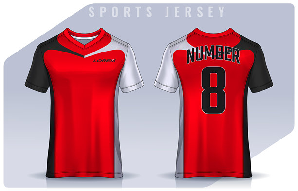 运动T恤设计模板，足球俱乐部的球衣样机。制服的正面和背面视图。图片下载