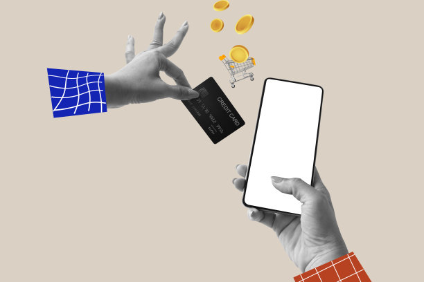 手握手机黑屏和学员卡，在线购物概念的购物车，背景为绘画风格。艺术拼贴数字流行现代艺术。图片下载